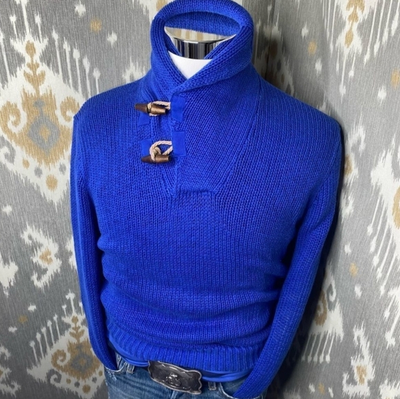 Polo by Ralph Lauren | Yacht Blue Shawl Neck Linen-Cotton Blend Sweater - Picture 2 of 16